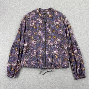 Free People Soft Printed Balloon Sleeve Jacket Size XS Purple Floral Boho Zip-Up